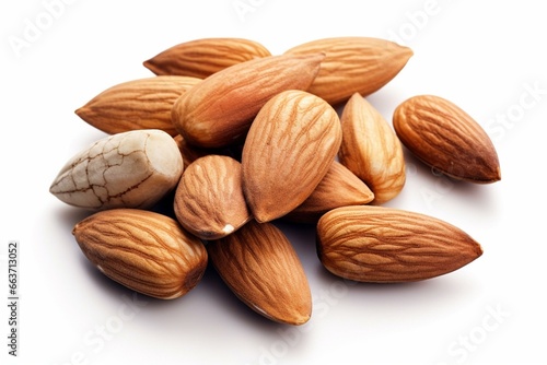 Assortment of almonds on a white background. Generative AI