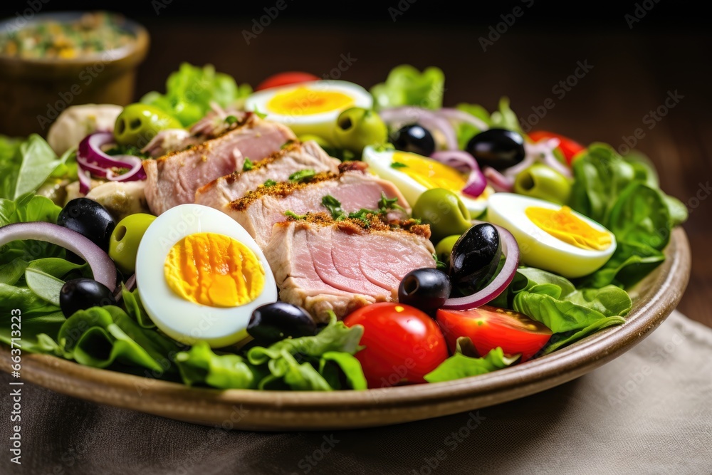 Mediterranean Culinary Classic: Delight in a Fresh and Healthy Tuna Nicoise Salad Packed with Veggies, Capers, and Savory Delicacies.


