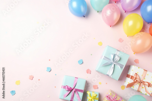 colorful gift boxes Colorful festive on background frame Cards for colorful birthday party objects and gift boxes on a pastel color background
