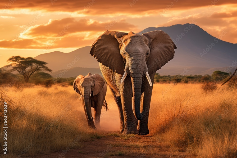 Obraz premium Elephants at sunset in Serengeti National Park, Tanzania, Elephants walking by the grass in savannah. Beautiful animals at the backdrop of mountains at sunset, AI Generated