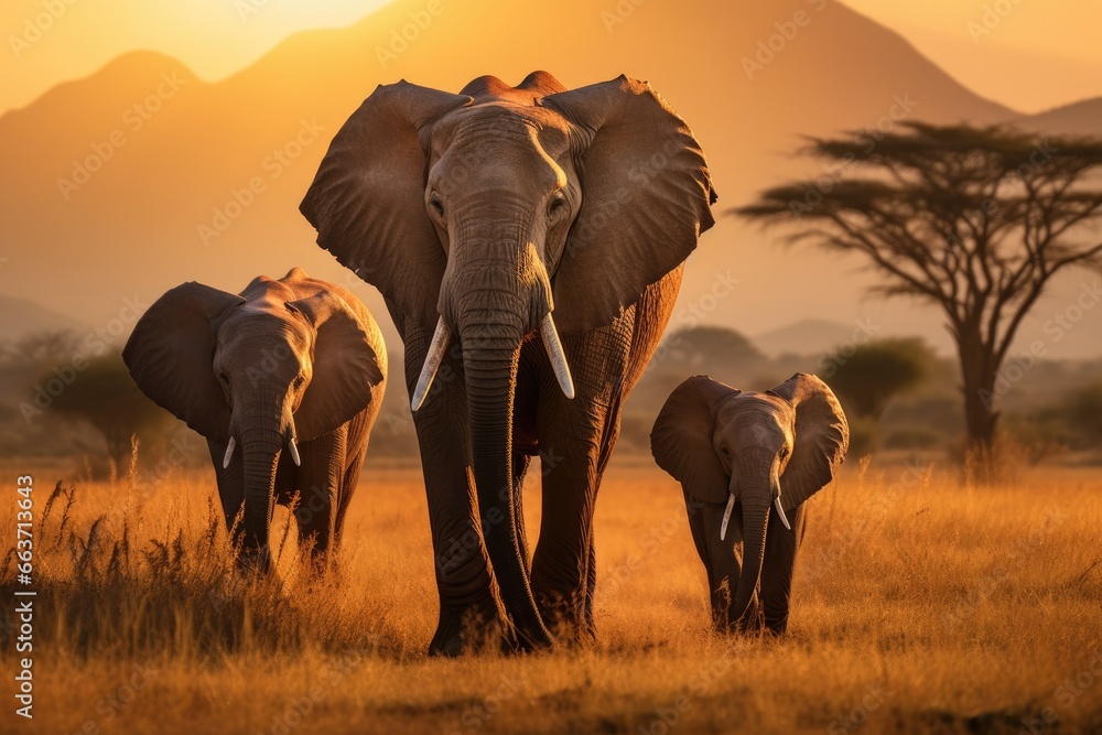 Obraz premium African Elephant Loxodonta africana in Serengeti National Park, Tanzania, Elephants walking by the grass in savannah. Beautiful animals at the backdrop of mountains at sunset, AI Generated