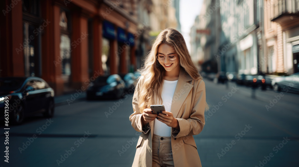 young beautiful stylish woman in a jacket walks around the city with a mobile phone, smartphone, business, girl, smile, street, screen, worker, lifestyle, summer, sun, device, online