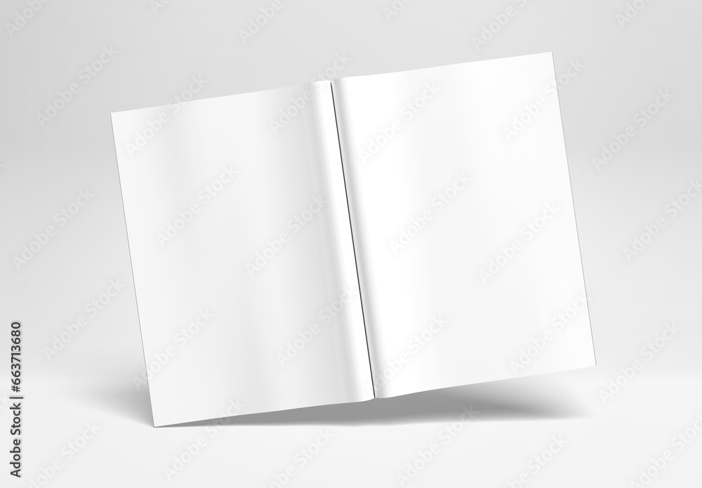 Open magazine mockup isolated on white background. Brochure template on blank. 3D rendering Open magazine mockup isolated on white background. Brochure template on blank. 3D rendering