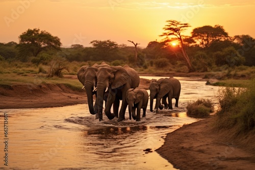 Elephants in Chobe National Park, Botswana, Africa, elephants crossing Olifant river,evening shot,Kruger national park, AI Generated