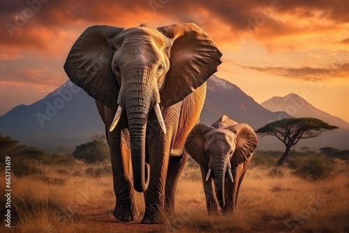 Elephants at sunset in Amboseli National Park, Kenya, Elephants walking by the grass in savannah. Beautiful animals at the backdrop of mountains at sunset, AI Generated
