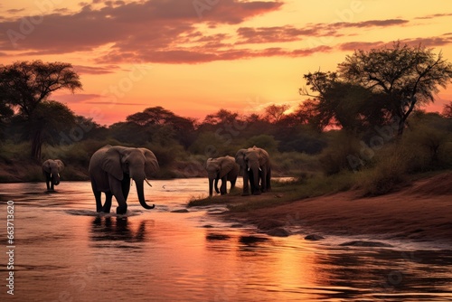 Elephants in the Chobe National Park, Botswana, Africa, elephants crossing Olifant river,evening shot,Kruger national park, AI Generated photo
