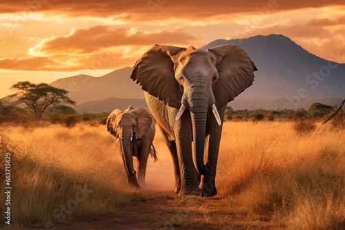 Elephants at sunset in Serengeti National Park, Tanzania, Elephants walking by the grass in savannah. Beautiful animals at the backdrop of mountains at sunset, AI Generated