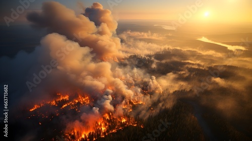 very powerful forest fire, burning and deciduous coniferous forest, aerial view. Generative AI © PSCL RDL