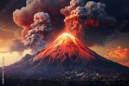Volcanic eruption at sunset. 3D illustration. Nature background, Eruption volcano Tolbachik, AI Generated
