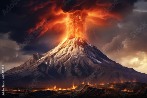 Volcanic eruption in Kamchatka, Russia. 3D rendering, Eruption volcano Tolbachik, AI Generated