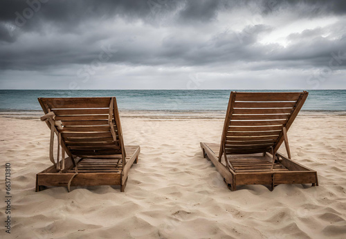 Beach with Umbrella and Chairs, Seaside Relaxation Scene © bestin