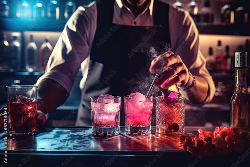 Bartender preparing a cocktail at the bar counter in a nightclub, Expert barman is making cocktails at the night club or bar,  top section cropped, AI Generated - obrazy, fototapety, plakaty 