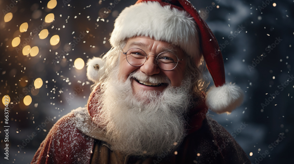 Laughing Santa Claus with long white gray beard and red hat, snowflakes flying Laughing Santa Claus with long white gray beard and red hat, snowflakes flying