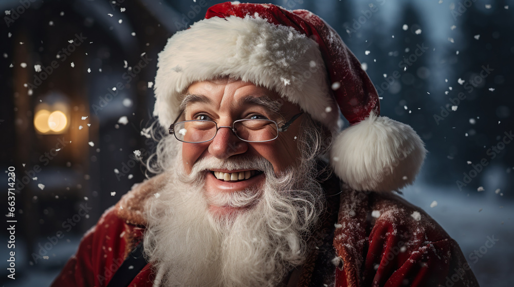 Laughing Santa Claus with long white gray beard and red hat, snowflakes flying Laughing Santa Claus with long white gray beard and red hat, snowflakes flying