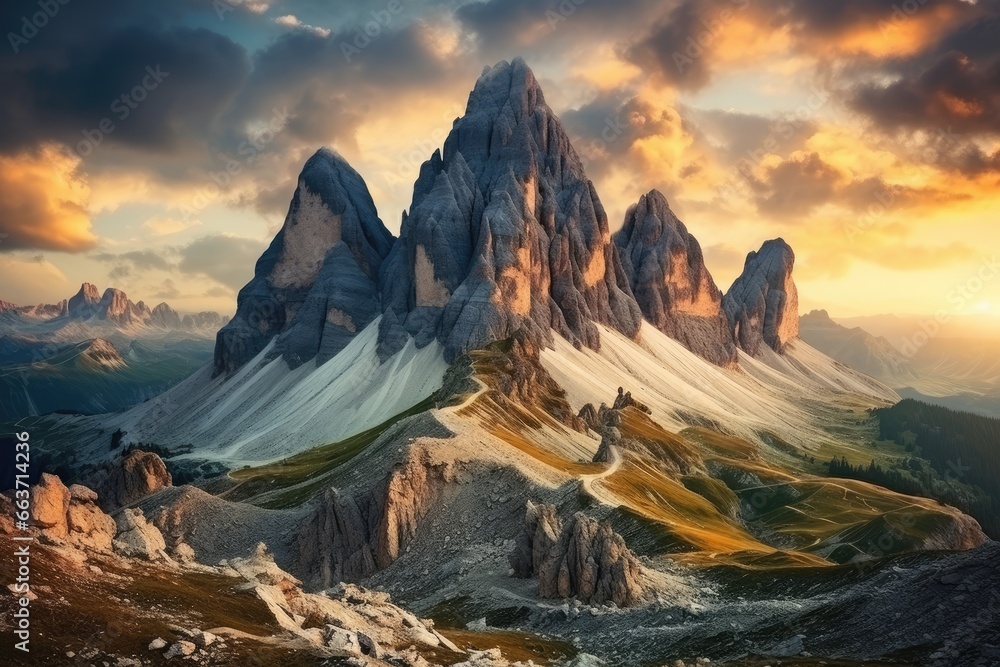 Sunset in the Dolomites, Italy. Dramatic and picturesque scene, famous Italian National Park Tre Cime di Lavaredo. Dolomites, South Tyrol. Auronzo, AI Generated - obrazy, fototapety, plakaty 