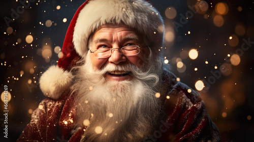 Laughing Santa Claus with long white gray beard and red hat  snowflakes flying   Generative AI
