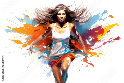 Fashion illustration of a beautiful young woman with long hair in motion, Fashion illustration of a beautiful young woman running with colorful splashes, AI Generated