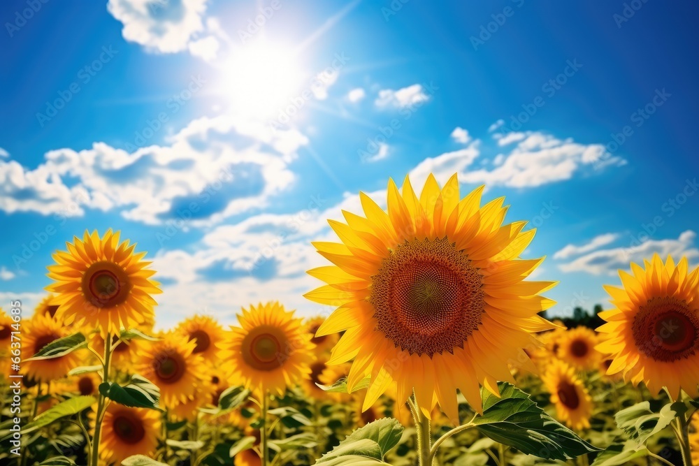 sunflower field over cloudy blue sky background, beauty photo digital picture, Field of blooming sunflowers on a background blue sky, AI Generated