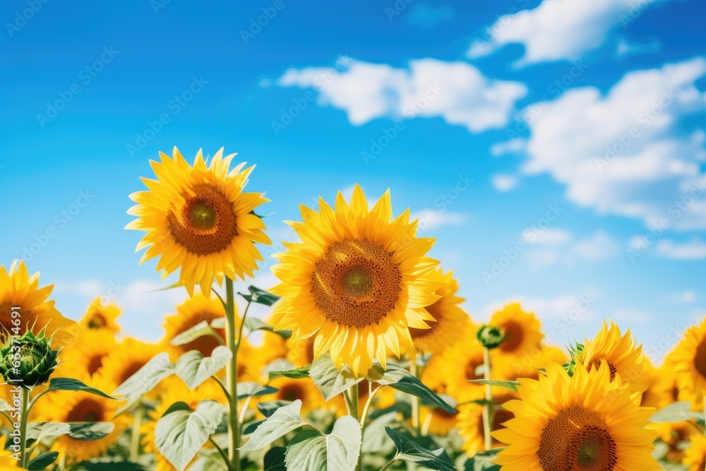Beautiful sunflower field over cloudy blue sky, natural background, Field of blooming sunflowers on a background blue sky, AI Generated