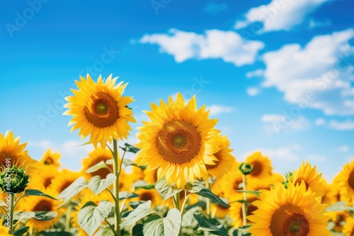 Beautiful sunflower field over cloudy blue sky  natural background  Field of blooming sunflowers on a background blue sky  AI Generated