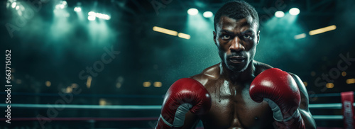 African american boxer in the ring, portrait under lights with boxing gloves, black fighter is ready for fight martial arts. With copy space. © Chrixxi