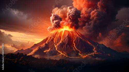 photo of Volcano erupts with hot lava, fire and clouds of smoke. Generative AI