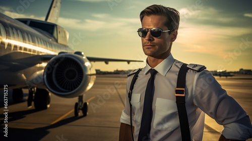 A confident airline pilot prepares for his next flight, confident pilot in a plane. Created with Generative Ai technology.