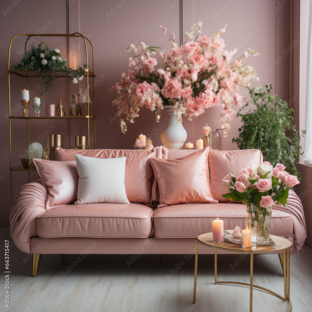 a pink leather sofa with flowers
a pink leather sofa with flowers