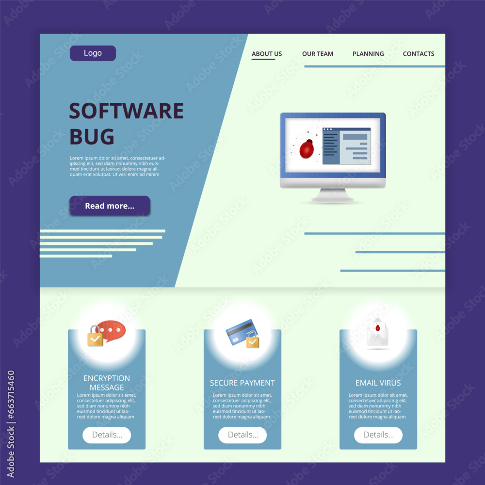 Obraz premium Software bug flat landing page website template. Encryption message, secure payment, email virus. Web banner with header, content and footer. Vector illustration.