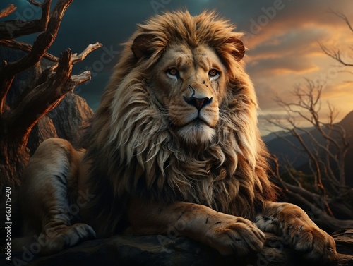 A majestic lion relaxing on top of the rocks generative ai