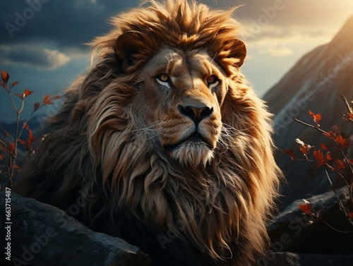 A majestic lion relaxing on top of the rocks generative ai