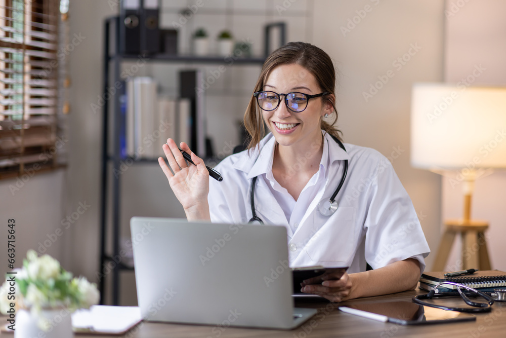 Young lady doctor in white medical uniform using laptop talking video conference call with senior doctor at desk,Doctor sitting at desk and writing a prescription for her patient Young lady doctor in white medical uniform using laptop talking video conference call with senior doctor at desk,Doctor sitting at desk and writing a prescription for her patient