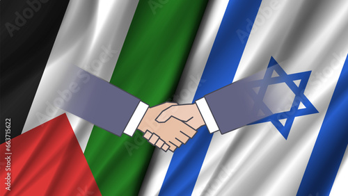 Vector wavy flags of Palestine and Israel. Relations between countries. Friendly handshake. Political economic banner.