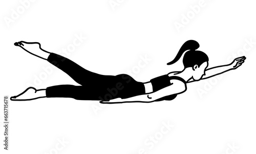 Training in yoga pose female character. Meditation, pilates, mental health. Female, lady, woman, girl. Vector illustration in cartoon flat style isolated on white background. Pilates, training, sport.