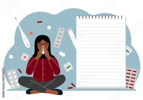 A sick woman with a runny nose holds a handkerchief. Nearby there are a lot of medicines, pills, thermometers and a large notebook for notes.