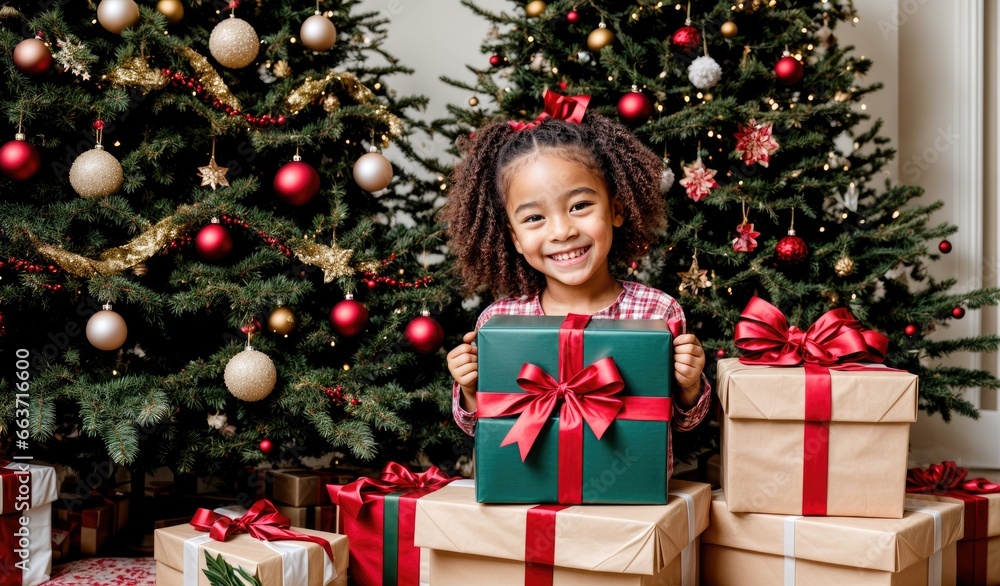 Portrait of a happy child with Christmas gift boxes and Christmas tree in background Portrait of a happy child with Christmas gift boxes and Christmas tree in background