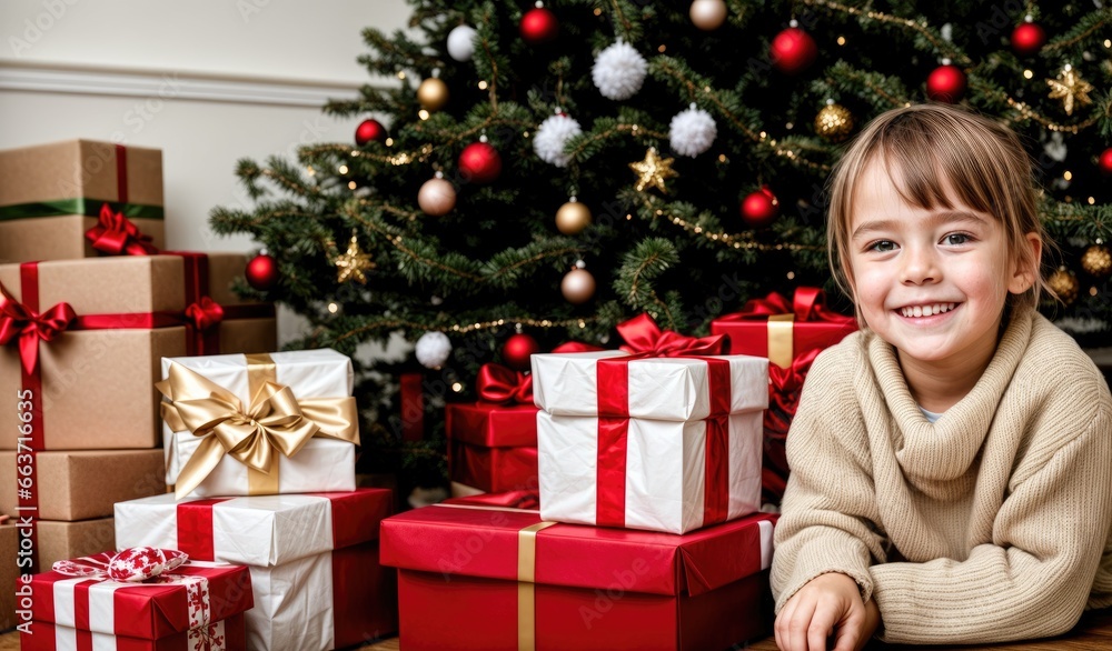 Portrait of a happy child with Christmas gift boxes and Christmas tree in background Portrait of a happy child with Christmas gift boxes and Christmas tree in background