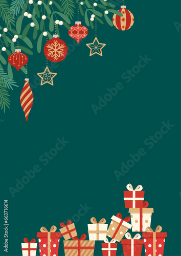 Design title background decorated with Christmas ornaments and various presents