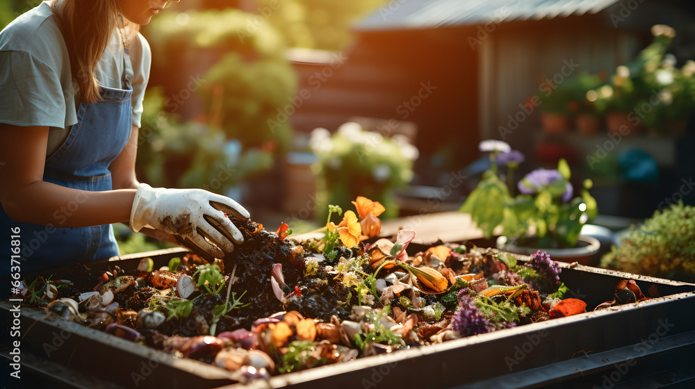 Woman composting food waste. Outdoor compost bin for reducing kitchen ...