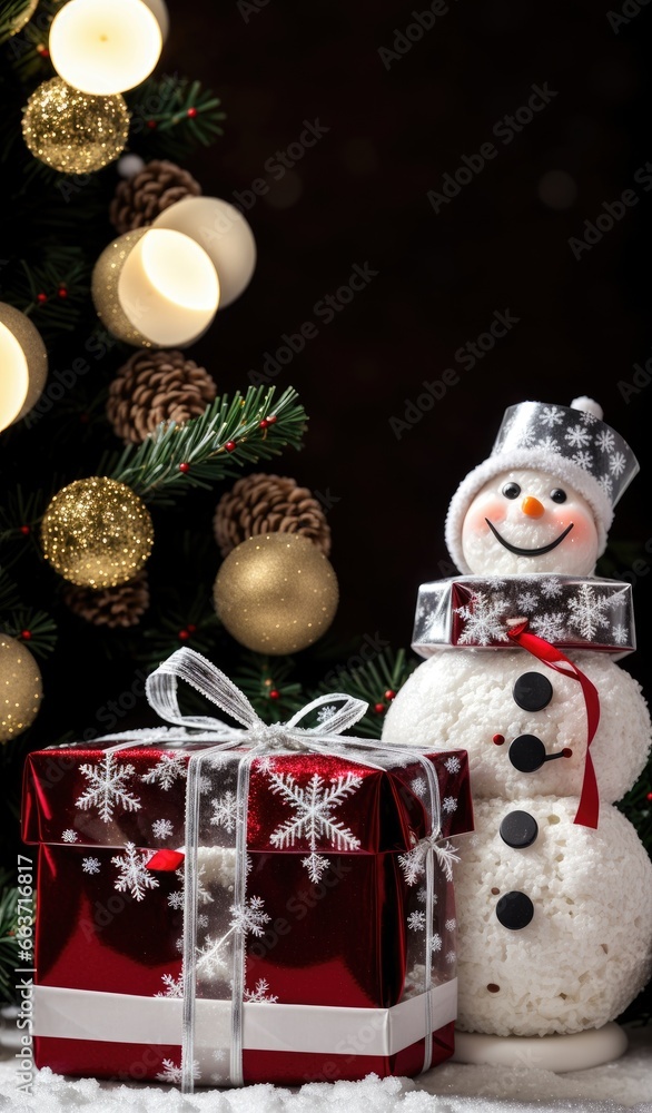 Christmas Santa Claus and gifts. Frosty winter wonderland with snowfall, houses, trees, snowman toys on defocused lights Christmas background