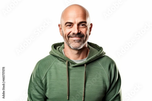Bald man with a green hoodie smiling over white background. photo