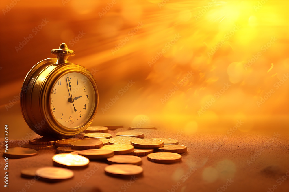 Clock and golden coins, Time value wealth concept