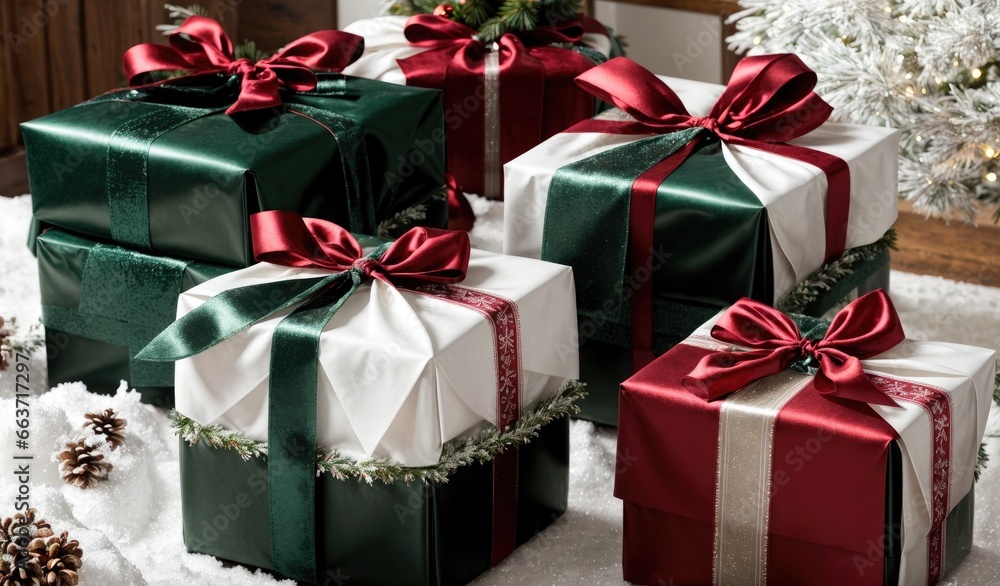 The red gift box and green gift box were packed and decorated with a white bow on snowy background. Christmas gift The red gift box and green gift box were packed and decorated with a white bow on snowy background. Christmas gift