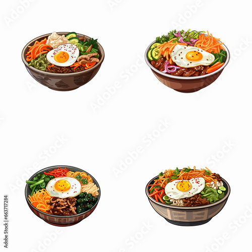 set of bibimbap watercolor illustrations for printing on baby clothes, pattern, sticker, postcards, print, fabric, and books