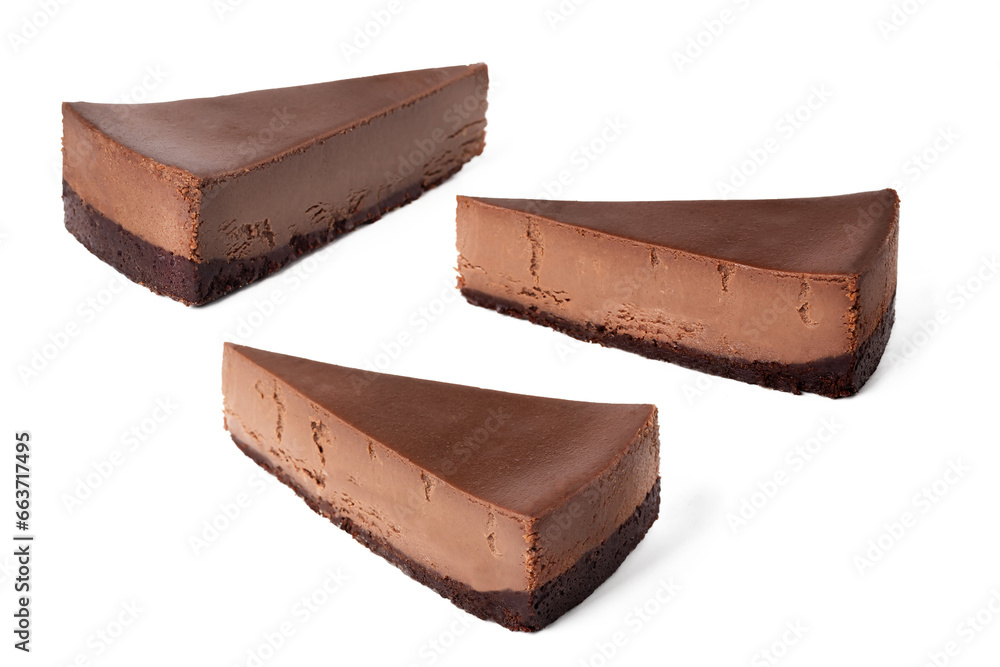 set pack of different angles slices of chocolate cheesecake on white or invisible background isolated set pack of different angles slices of chocolate cheesecake on white or invisible background isolated