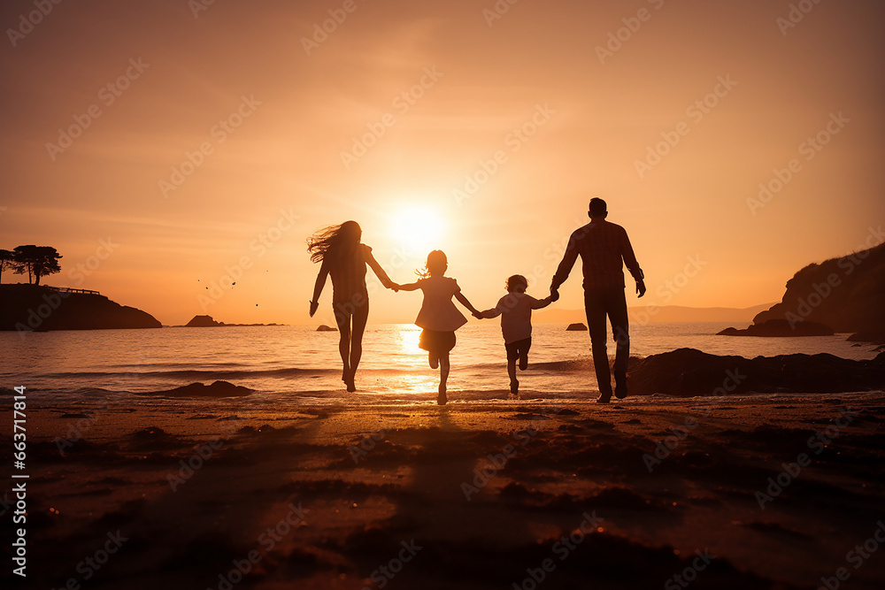 family having fun together running on the beach at sunset
