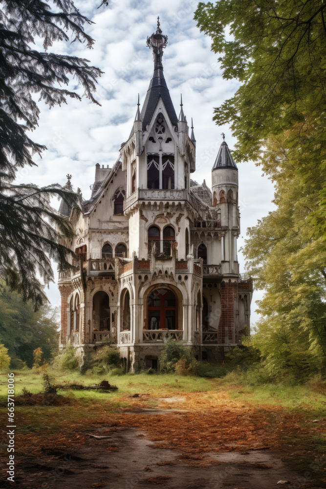 Abandoned manor in gothic style, central Russia