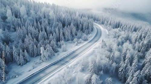 A scenic winter drive with snow-covered trees and a meandering road through a forest. © Szalai