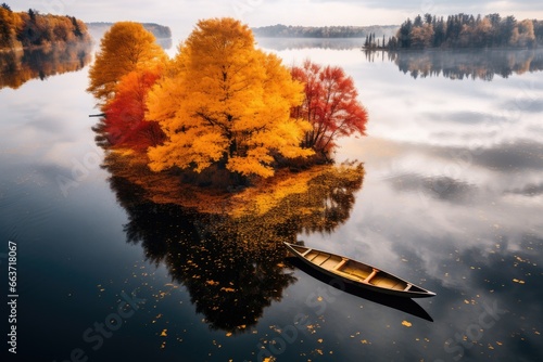 a canoe on a lake, with trees, orange leaves 