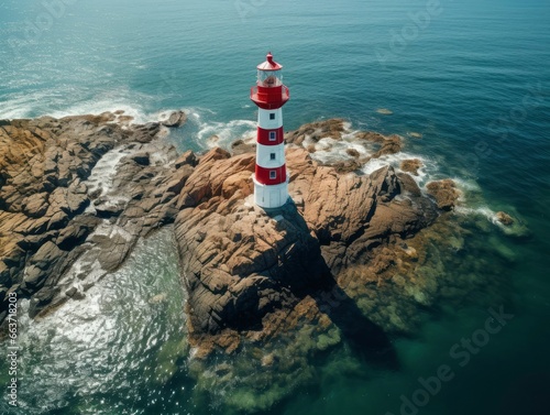 Lighthouse on small island in the sea at sunny day in summer. Aerial top view of beautiful lighthouse on the rock, clear azure water photo